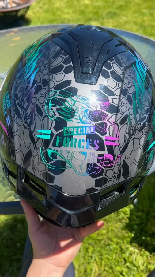 Motorcycle gear shown in an outdoor riding context.
